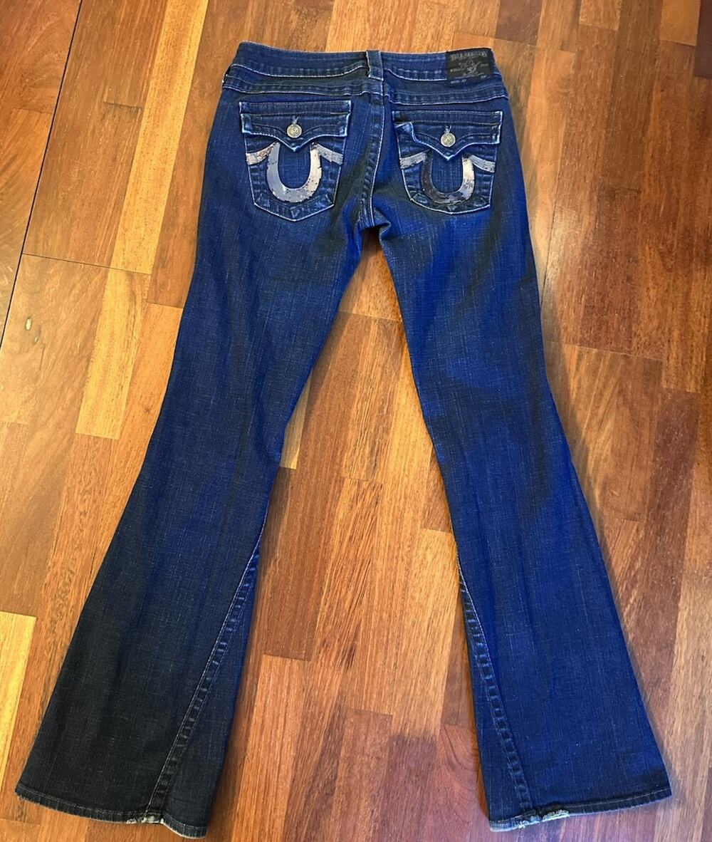 Vintage True Religion Jeans Sequin Flap Pockets Size 29 Dark Wash Flare Bootcut